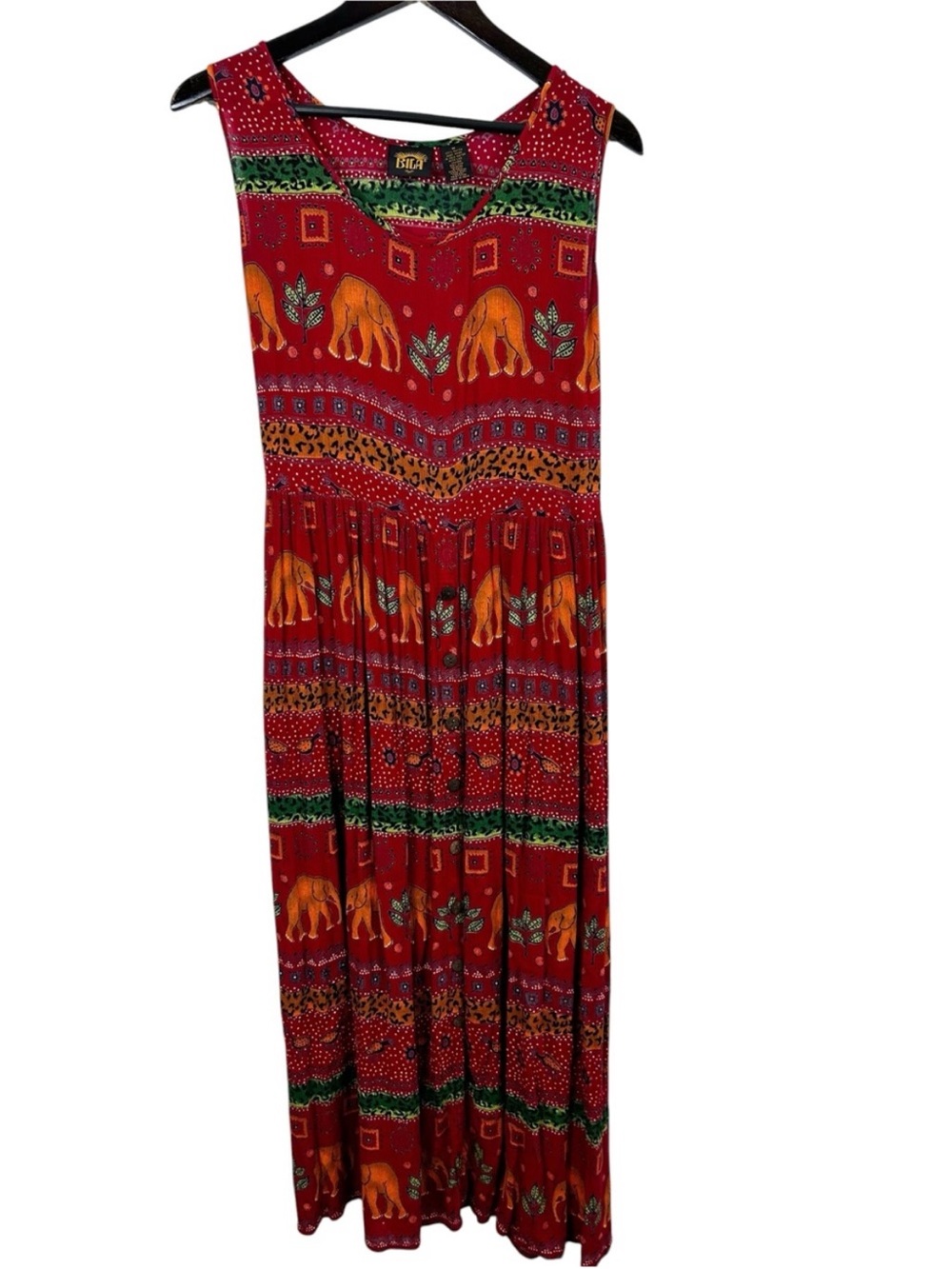 Bila Red Maxi Dress with Orange Elephant Print Size Medium